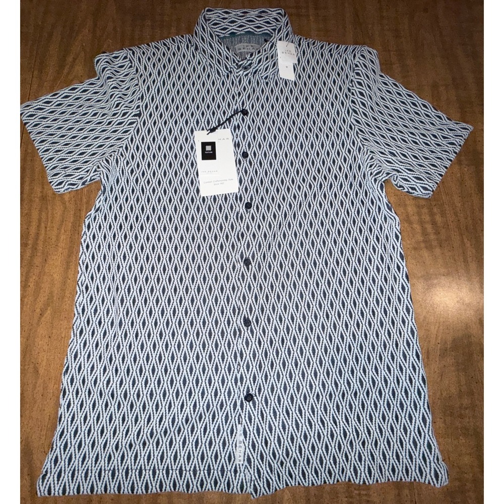 Ike Behar Short Sleeve‎ Polo Button Up Shirt Men Texture Medium Black/White